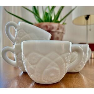 McKee diamond pressed milk glass tea cups mugs mid century punch set of 4